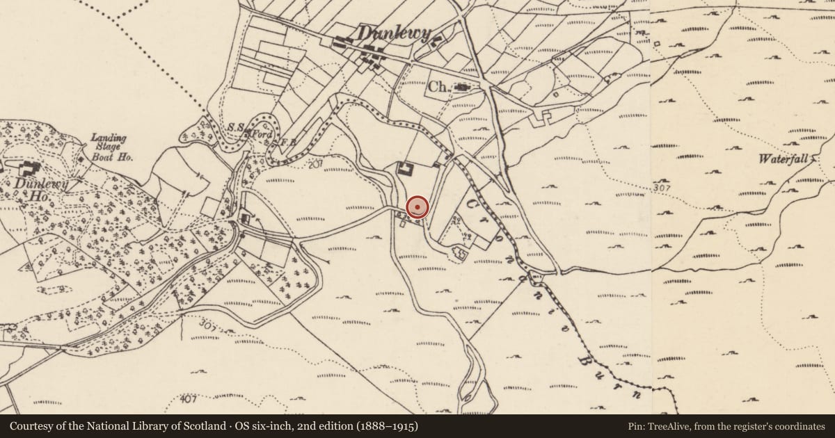 Ordnance Survey six-inch map, 2nd edition (1888–1915) covering the location of Ecclesiastical enclosure, Dún Lúiche Íochtarach, County Donegal, with a pin at the register's coordinates