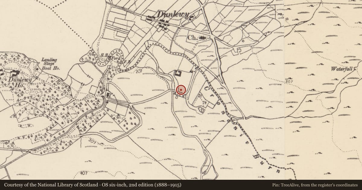 Ordnance Survey six-inch map, 2nd edition (1888–1915) covering the location of Cross-slab, Dún Lúiche Íochtarach, County Donegal, with a pin at the register's coordinates
