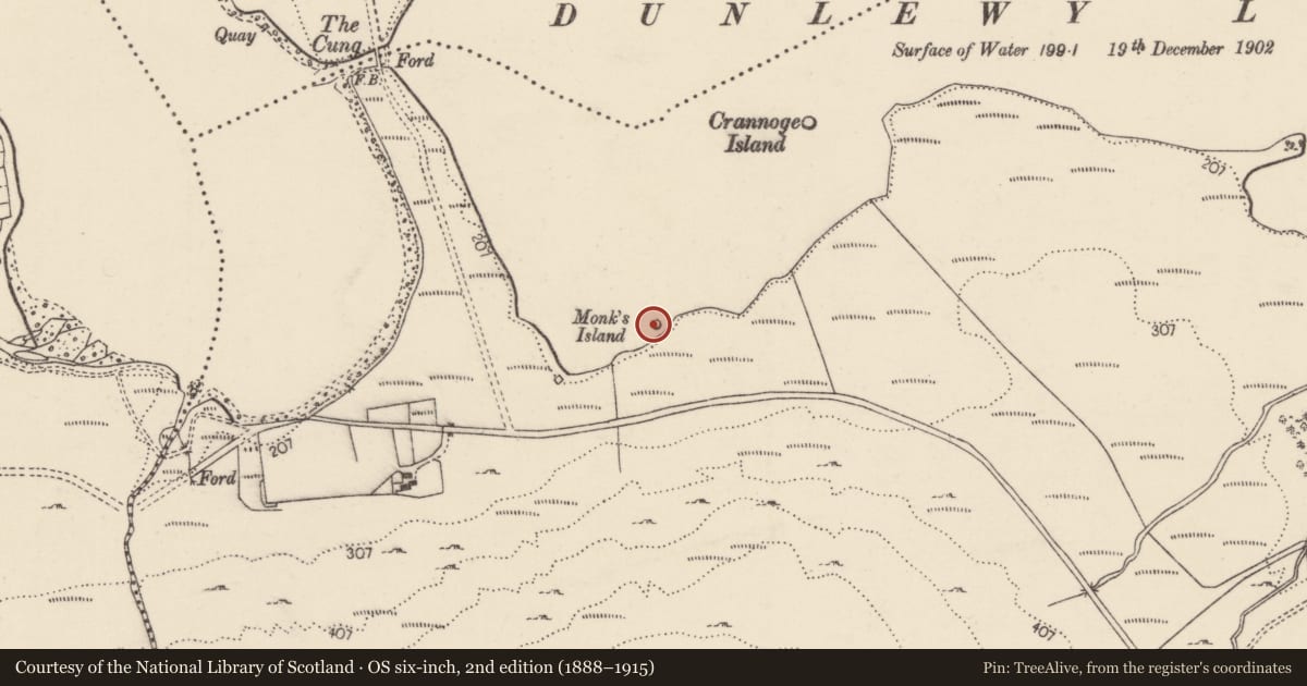 Ordnance Survey six-inch map, 2nd edition (1888–1915) covering the location of Crannog, Dún Lúiche Íochtarach, County Donegal, with a pin at the register's coordinates