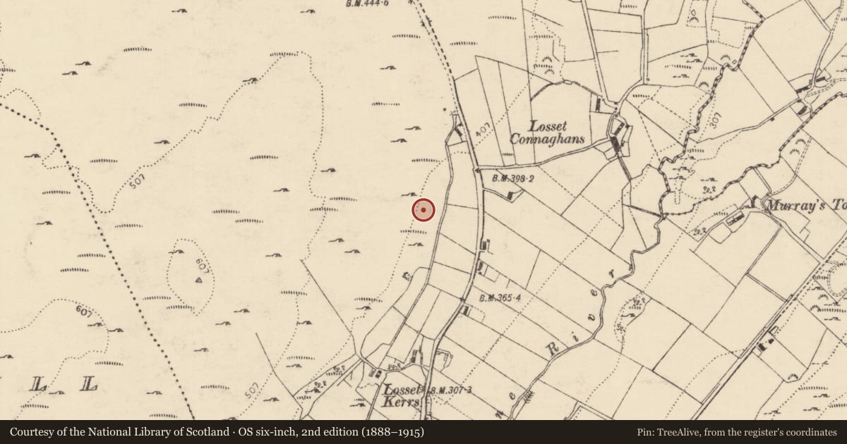 Ordnance Survey six-inch map, 2nd edition (1888–1915) covering the location of Cist, Losset, County Donegal, with a pin at the register's coordinates