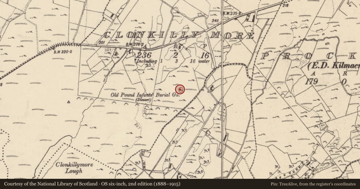 Ordnance Survey six-inch map, 2nd edition (1888–1915) covering the location of Burial ground, Clonkilly More, County Donegal, with a pin at the register's coordinates