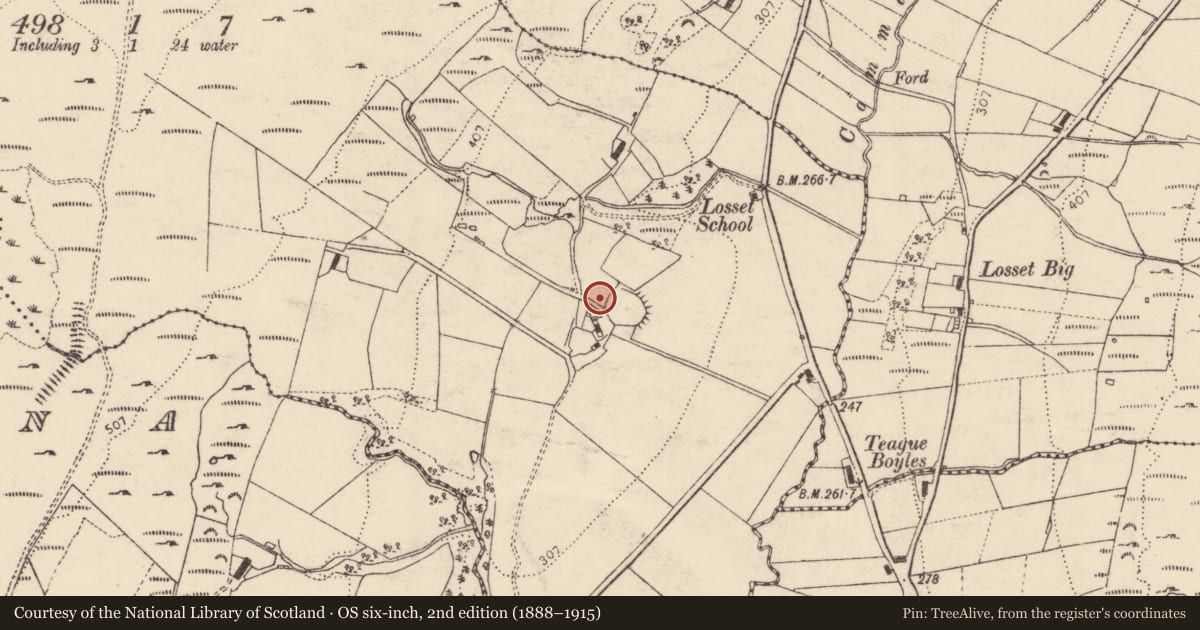 Ordnance Survey six-inch map, 2nd edition (1888–1915) covering the location of Bullaun stone, Whitehill, County Donegal, with a pin at the register's coordinates