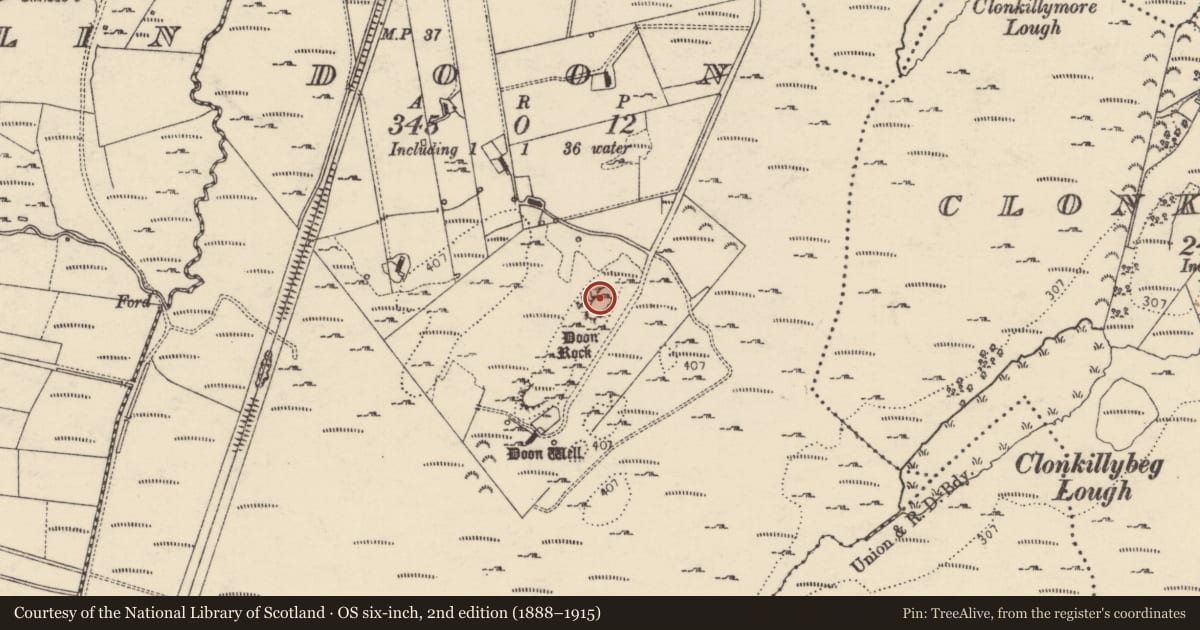 Ordnance Survey six-inch map, 2nd edition (1888–1915) covering the location of Promontory fort - inland, Doon, County Donegal, with a pin at the register's coordinates
