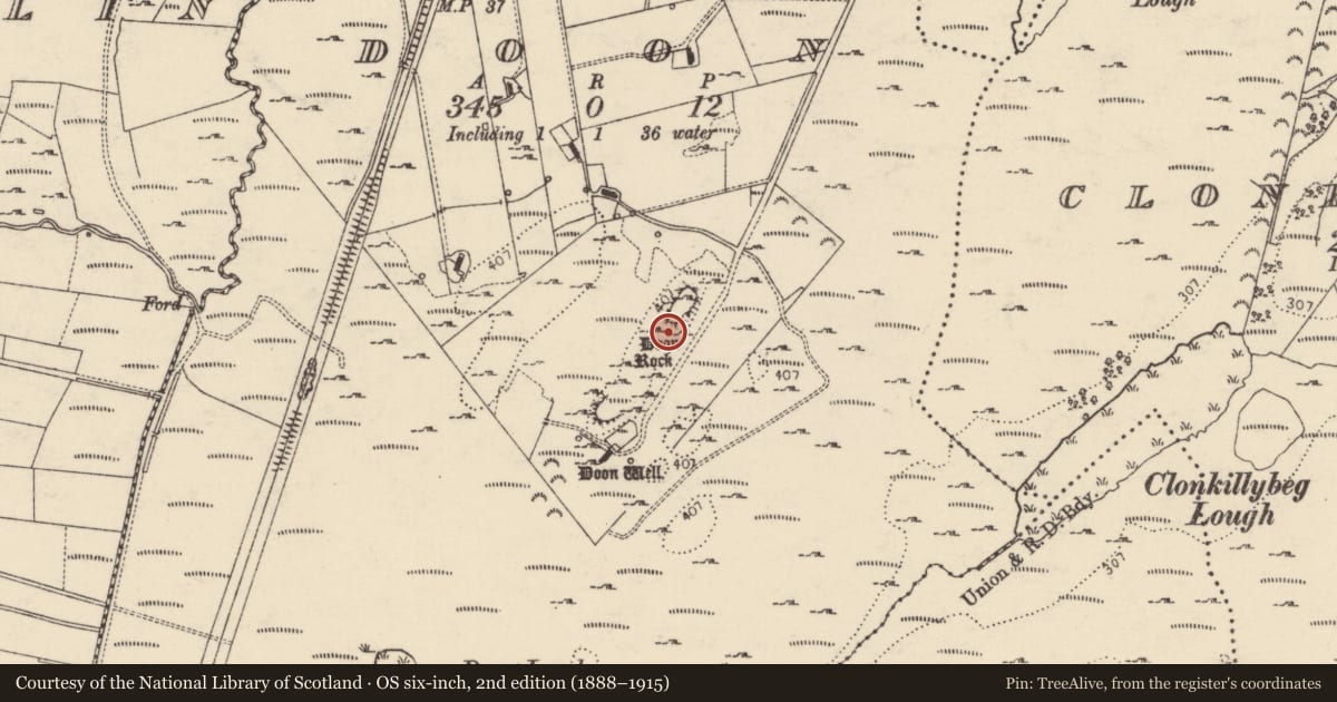 Ordnance Survey six-inch map, 2nd edition (1888–1915) covering the location of Inauguration site, Doon, County Donegal, with a pin at the register's coordinates