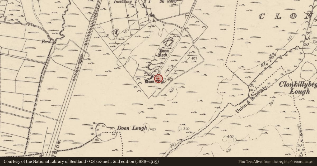 Ordnance Survey six-inch map, 2nd edition (1888–1915) covering the location of Ritual site - holy well, Doon, County Donegal, with a pin at the register's coordinates