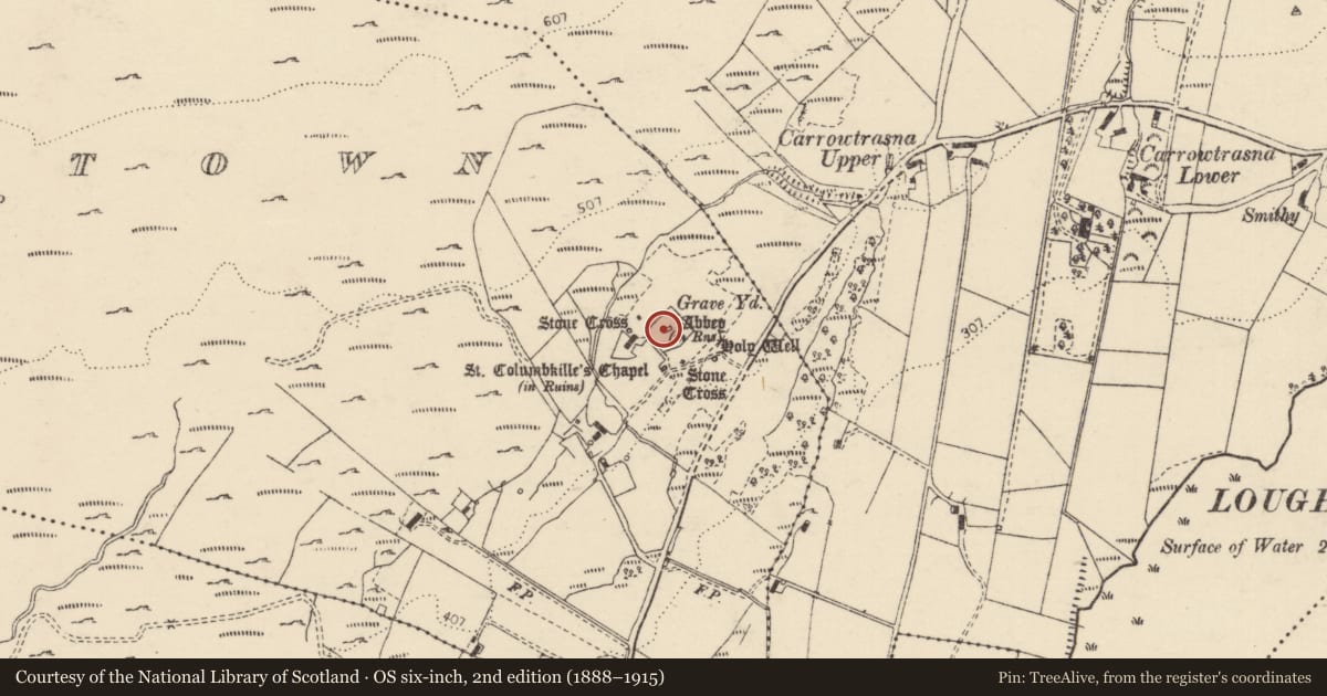 Ordnance Survey six-inch map, 2nd edition (1888–1915) covering the location of Church, Churchtown, County Donegal, with a pin at the register's coordinates