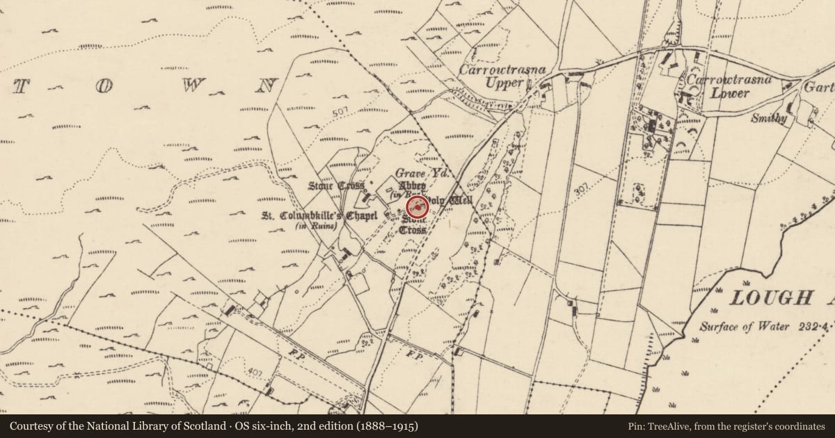 Ordnance Survey six-inch map, 2nd edition (1888–1915) covering the location of Ritual site - holy well, Churchtown, County Donegal, with a pin at the register's coordinates