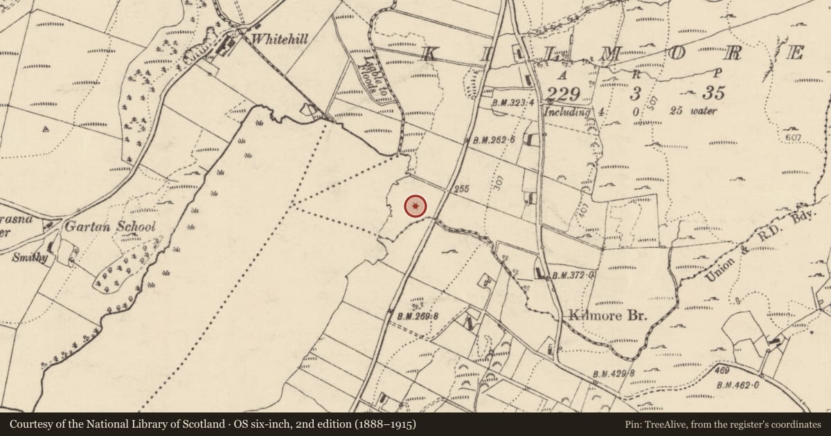 Ordnance Survey six-inch map, 2nd edition (1888–1915) covering the location of Enclosure, Kilmore, County Donegal, with a pin at the register's coordinates