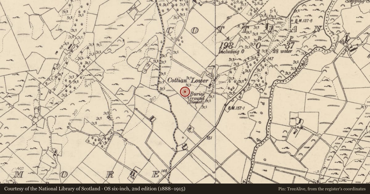Ordnance Survey six-inch map, 2nd edition (1888–1915) covering the location of Burial ground, Cottian, County Donegal, with a pin at the register's coordinates