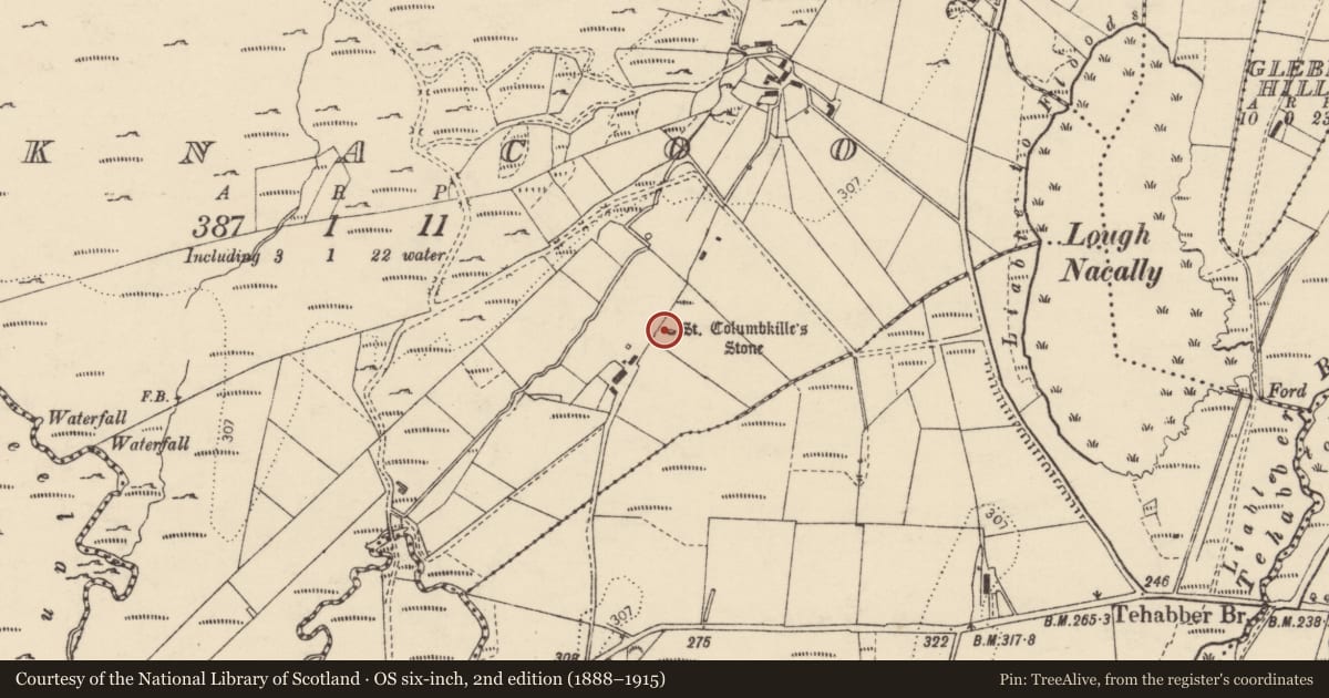 Ordnance Survey six-inch map, 2nd edition (1888–1915) covering the location of Rock art, Lacknacoo, County Donegal, with a pin at the register's coordinates