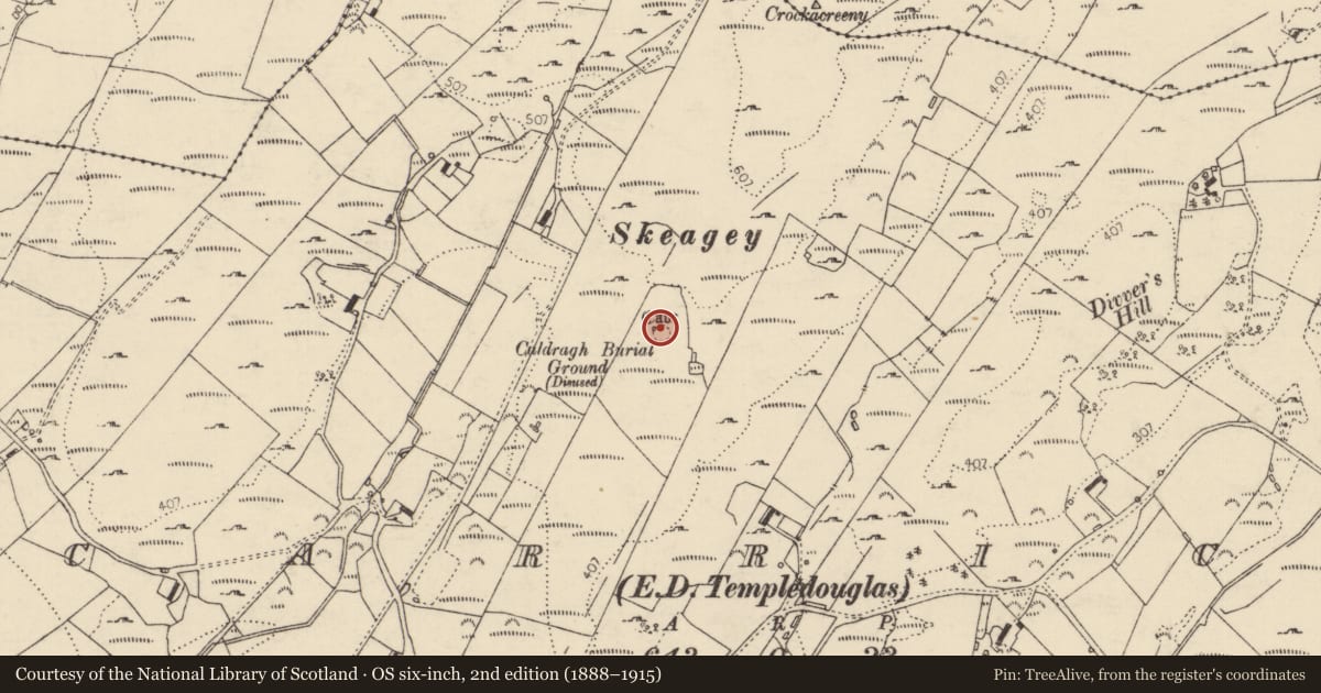 Ordnance Survey six-inch map, 2nd edition (1888–1915) covering the location of Children's burial ground, Carrick, County Donegal, with a pin at the register's coordinates