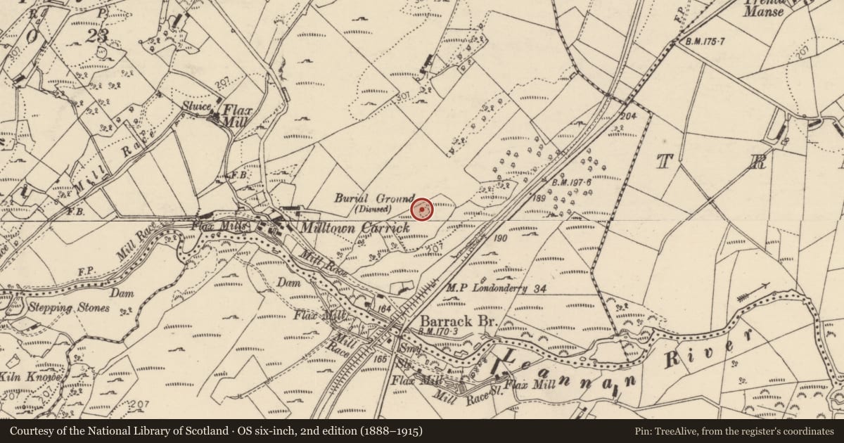 Ordnance Survey six-inch map, 2nd edition (1888–1915) covering the location of Children's burial ground, Carrick, County Donegal, with a pin at the register's coordinates