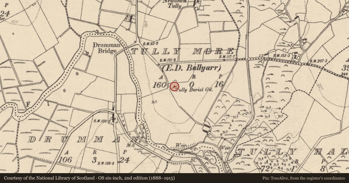 Ordnance Survey six-inch map, 2nd edition (1888–1915) covering the location of Church, Tully More, County Donegal, with a pin at the register's coordinates