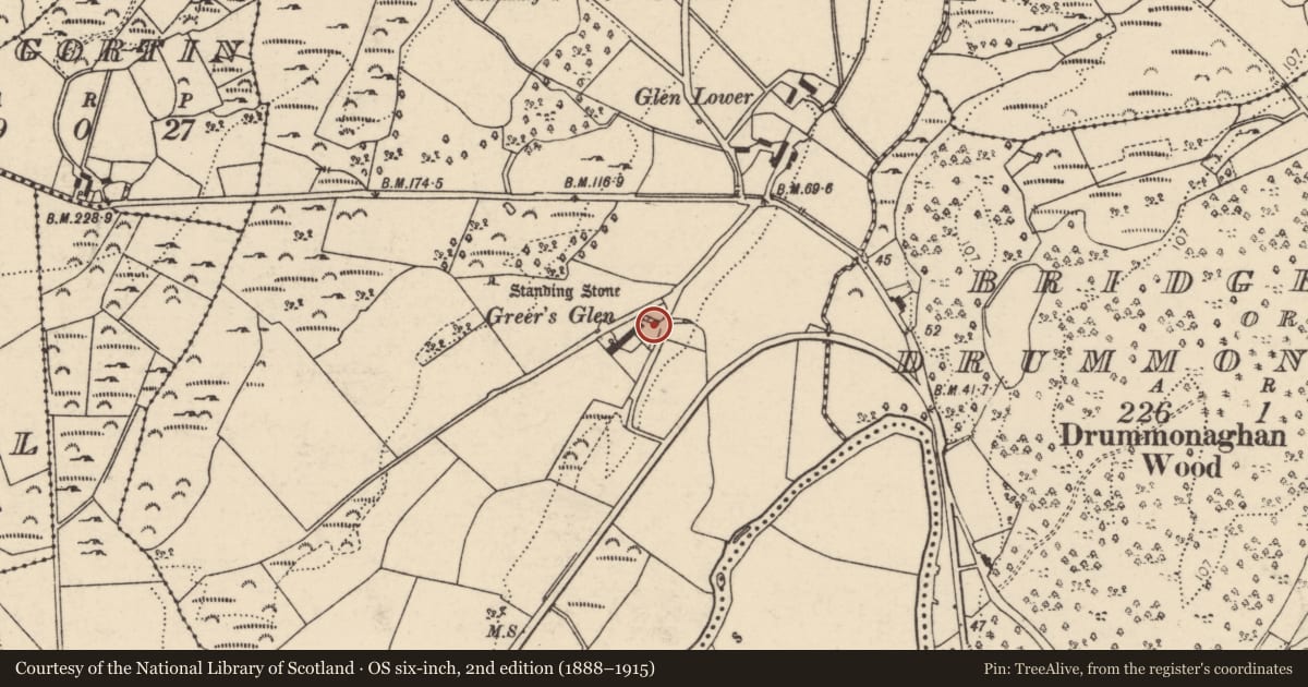 Ordnance Survey six-inch map, 2nd edition (1888–1915) covering the location of Bullaun stone, Glen Lower, County Donegal, with a pin at the register's coordinates