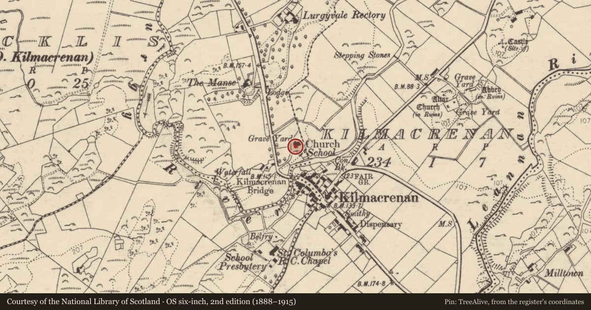 Ordnance Survey six-inch map, 2nd edition (1888–1915) covering the location of Architectural fragment, Kilconnell 0r Glebe, County Donegal, with a pin at the register's coordinates