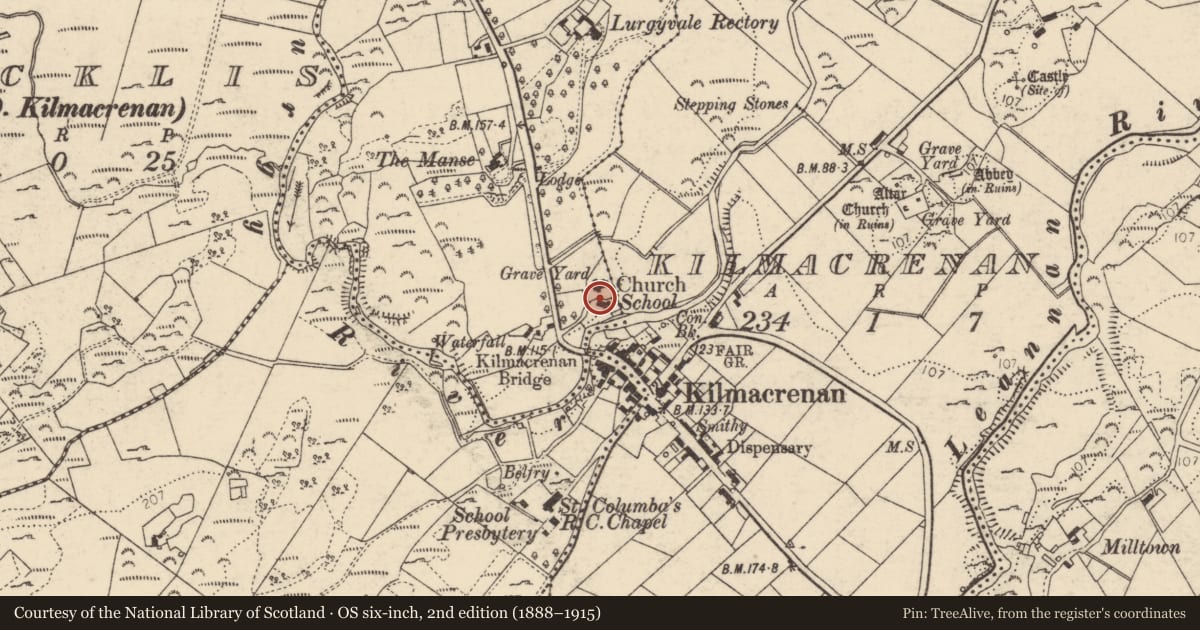 Ordnance Survey six-inch map, 2nd edition (1888–1915) covering the location of Graveyard, Kilconnell 0r Glebe, County Donegal, with a pin at the register's coordinates