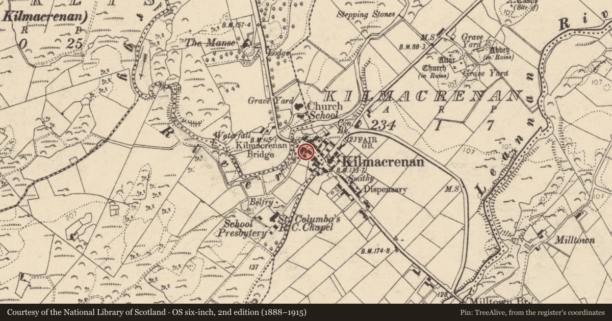 Ordnance Survey six-inch map, 2nd edition (1888–1915) covering the location of Bullaun stone, Massreagh, County Donegal, with a pin at the register's coordinates