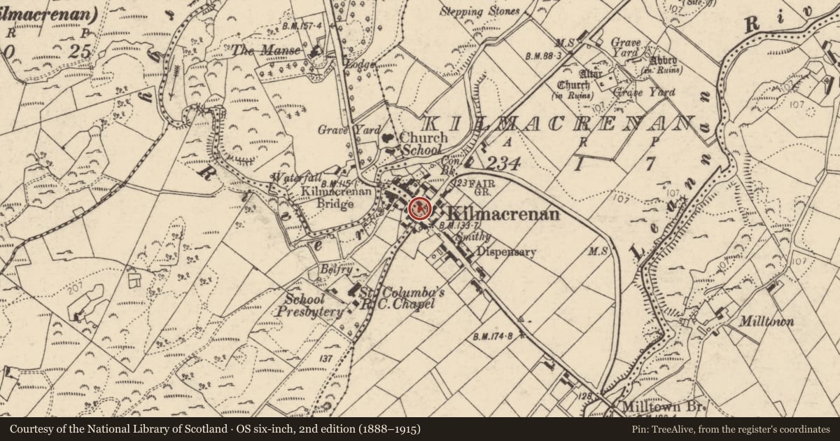 Ordnance Survey six-inch map, 2nd edition (1888–1915) covering the location of Bullaun stone, Massreagh, County Donegal, with a pin at the register's coordinates