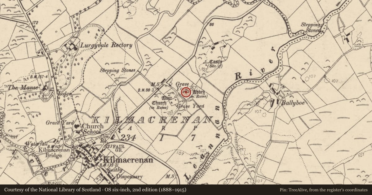 Ordnance Survey six-inch map, 2nd edition (1888–1915) covering the location of Religious house - Franciscan Third Order Regular, Kilmacrenan, County Donegal, with a pin at the register's coordinates