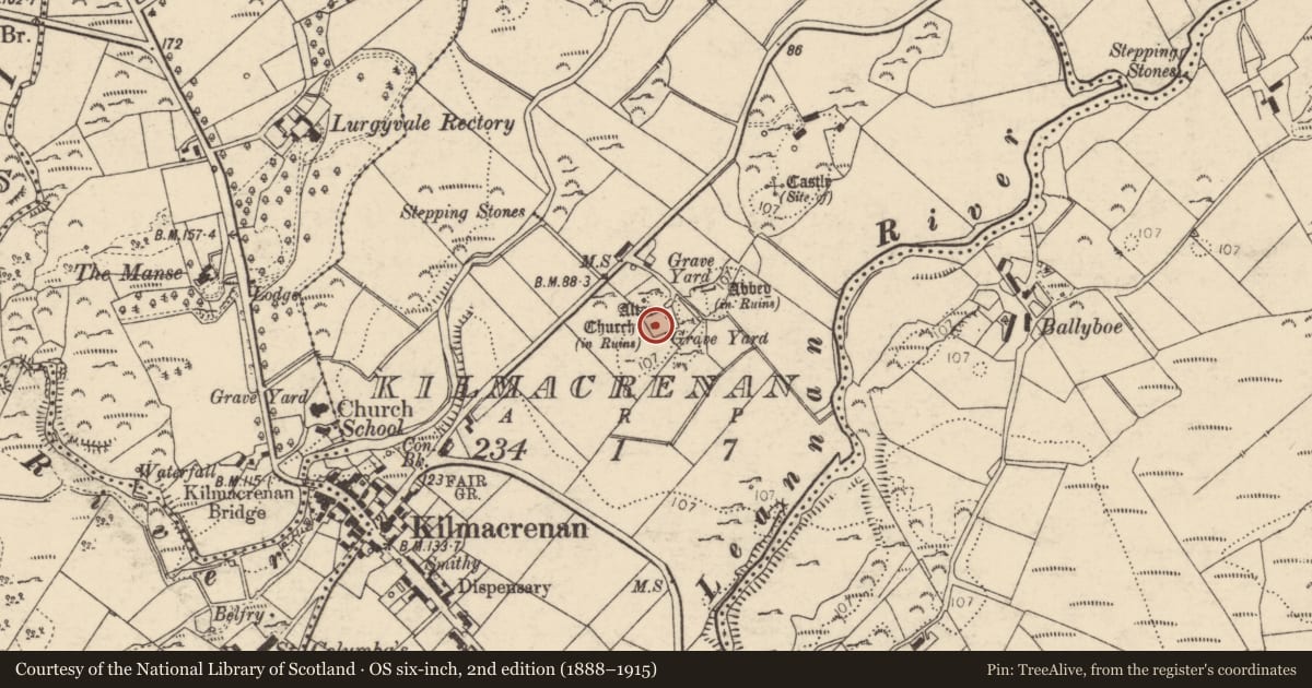 Ordnance Survey six-inch map, 2nd edition (1888–1915) covering the location of Church, Kilmacrenan, County Donegal, with a pin at the register's coordinates