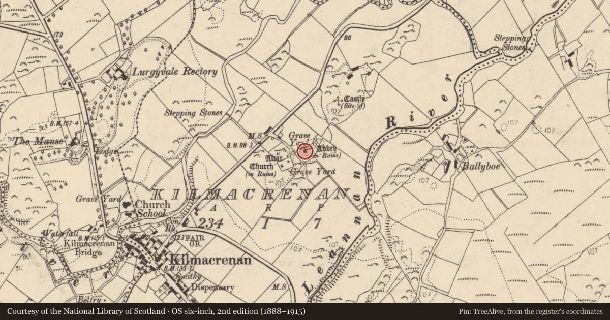 Ordnance Survey six-inch map, 2nd edition (1888–1915) covering the location of Inauguration stone, Kilmacrenan, County Donegal, with a pin at the register's coordinates