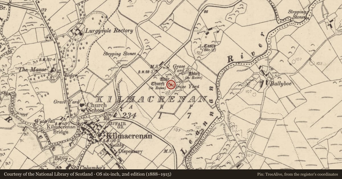 Ordnance Survey six-inch map, 2nd edition (1888–1915) covering the location of Graveyard, Kilmacrenan, County Donegal, with a pin at the register's coordinates