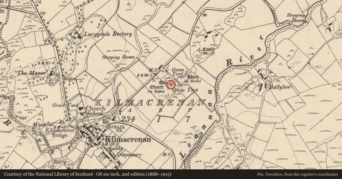 Ordnance Survey six-inch map, 2nd edition (1888–1915) covering the location of Building, Kilmacrenan, County Donegal, with a pin at the register's coordinates