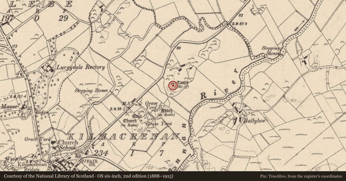 Ordnance Survey six-inch map, 2nd edition (1888–1915) covering the location of Castle - unclassified, Kilmacrenan, County Donegal, with a pin at the register's coordinates