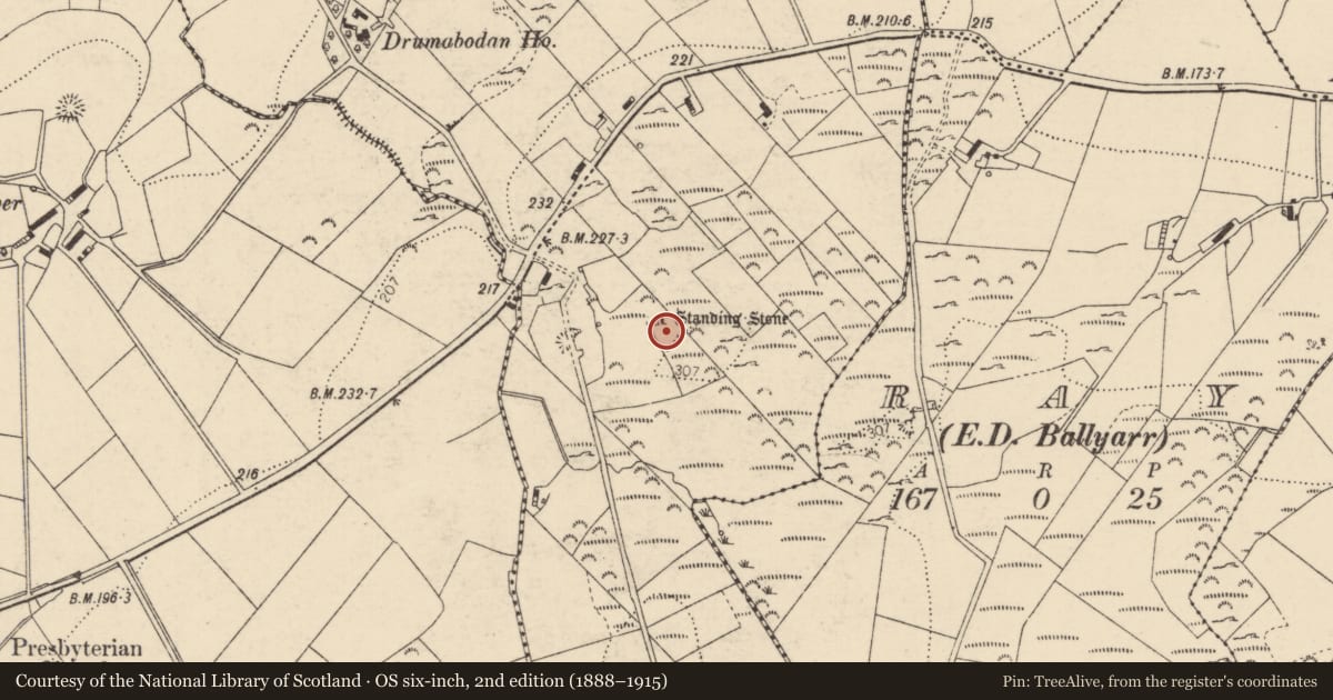 Ordnance Survey six-inch map, 2nd edition (1888–1915) covering the location of Standing stone, Drumabodan, County Donegal, with a pin at the register's coordinates
