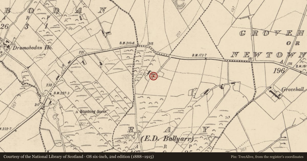 Ordnance Survey six-inch map, 2nd edition (1888–1915) covering the location of Bullaun stone, Ráith (TC Baile Áir), County Donegal, with a pin at the register's coordinates