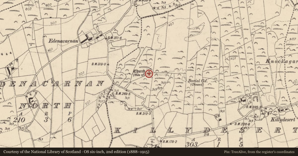 Ordnance Survey six-inch map, 2nd edition (1888–1915) covering the location of Ecclesiastical enclosure, Killydesert, County Donegal, with a pin at the register's coordinates