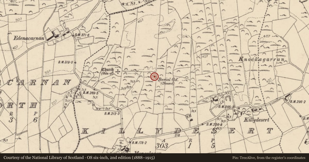 Ordnance Survey six-inch map, 2nd edition (1888–1915) covering the location of Burial ground, Killydesert, County Donegal, with a pin at the register's coordinates