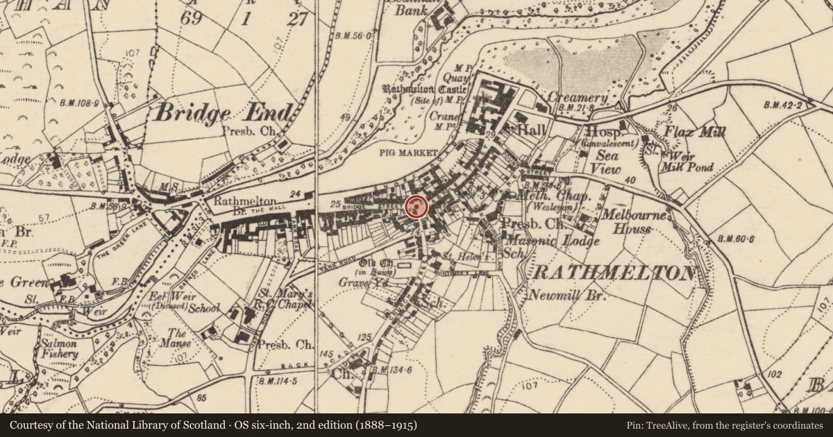 Ordnance Survey six-inch map, 2nd edition (1888–1915) covering the location of Historic town, Rathmelton, County Donegal, with a pin at the register's coordinates