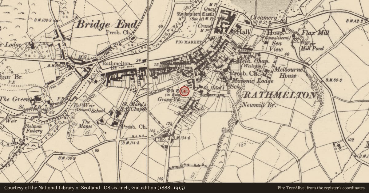 Ordnance Survey six-inch map, 2nd edition (1888–1915) covering the location of Church, Rathmelton, County Donegal, with a pin at the register's coordinates