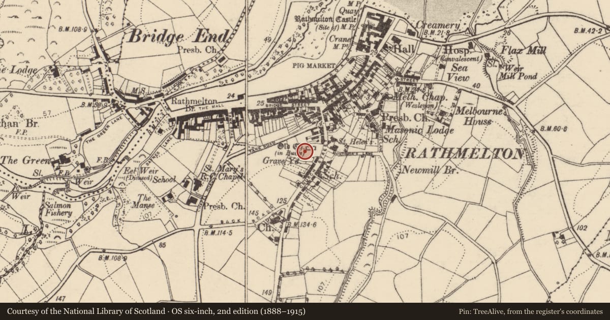 Ordnance Survey six-inch map, 2nd edition (1888–1915) covering the location of Architectural feature, Rathmelton, County Donegal, with a pin at the register's coordinates