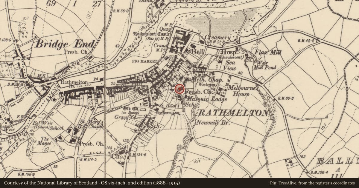 Ordnance Survey six-inch map, 2nd edition (1888–1915) covering the location of Meeting-house, Rathmelton, County Donegal, with a pin at the register's coordinates