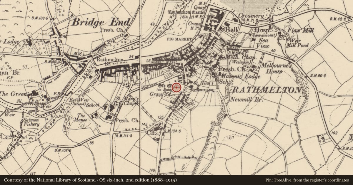 Ordnance Survey six-inch map, 2nd edition (1888–1915) covering the location of Graveyard, Rathmelton, County Donegal, with a pin at the register's coordinates