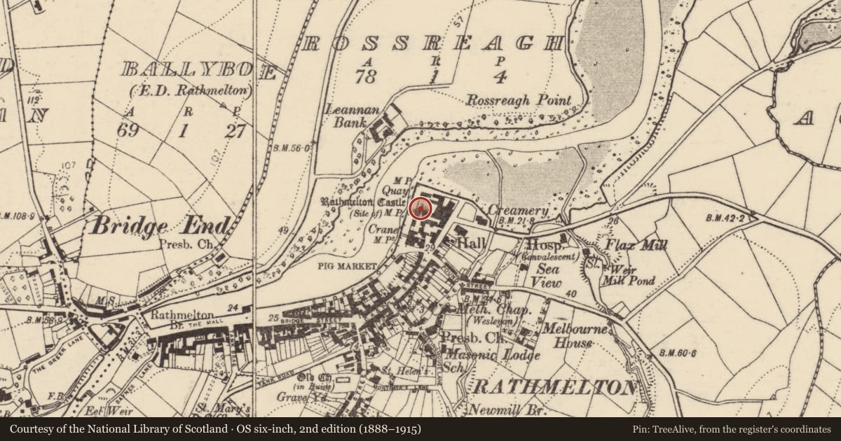 Ordnance Survey six-inch map, 2nd edition (1888–1915) covering the location of Bawn, Rathmelton, County Donegal, with a pin at the register's coordinates