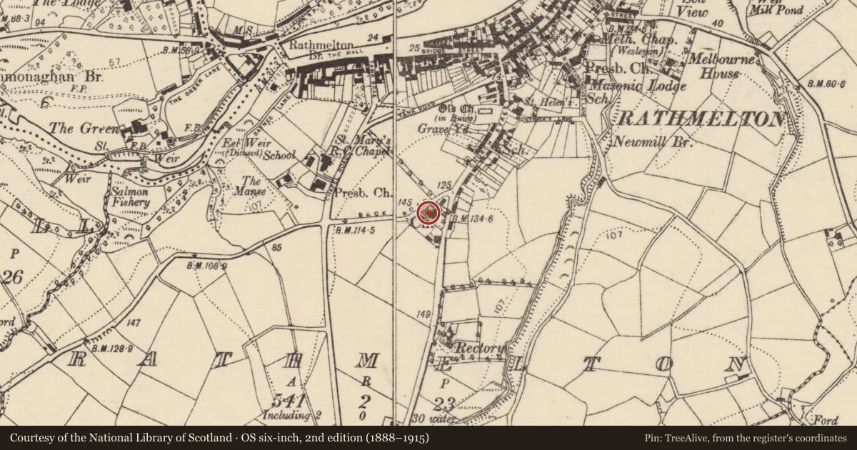 Ordnance Survey six-inch map, 2nd edition (1888–1915) covering the location of Architectural fragment, Rathmelton, County Donegal, with a pin at the register's coordinates