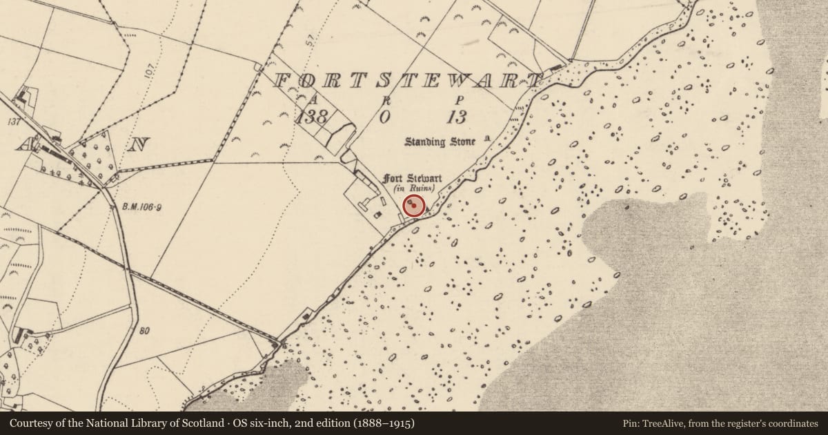 Ordnance Survey six-inch map, 2nd edition (1888–1915) covering the location of Bawn, Fortstewart, County Donegal, with a pin at the register's coordinates