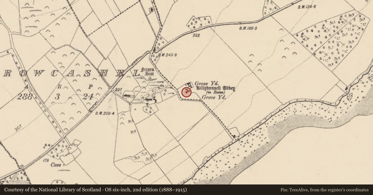 Ordnance Survey six-inch map, 2nd edition (1888–1915) covering the location of Graveyard, Killydonnell, County Donegal, with a pin at the register's coordinates