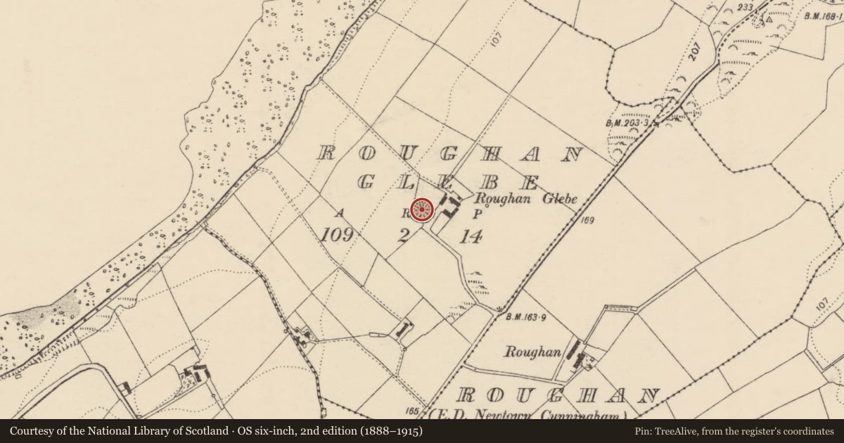 Ordnance Survey six-inch map, 2nd edition (1888–1915) covering the location of Ringfort - rath, Roughan Glebe, County Donegal, with a pin at the register's coordinates