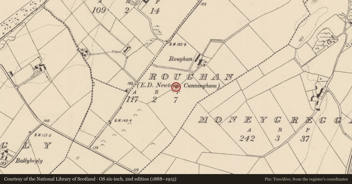 Ordnance Survey six-inch map, 2nd edition (1888–1915) covering the location of Ringfort - unclassified, Roughan, County Donegal, with a pin at the register's coordinates