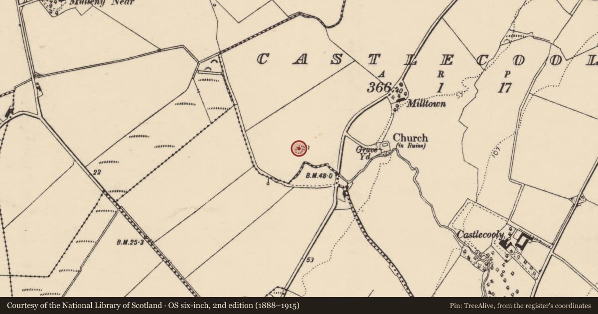 Ordnance Survey six-inch map, 2nd edition (1888–1915) covering the location of Ringfort - unclassified, Castlecooly, County Donegal, with a pin at the register's coordinates