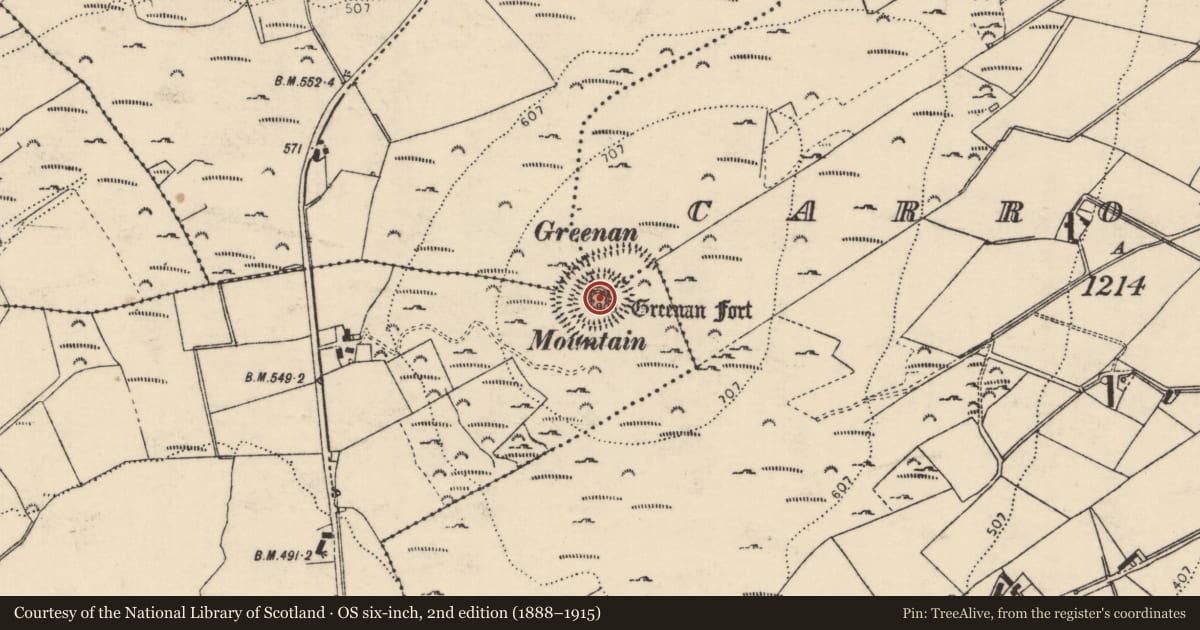 Ordnance Survey six-inch map, 2nd edition (1888–1915) covering the location of Hillfort, County Donegal, with a pin at the register's coordinates