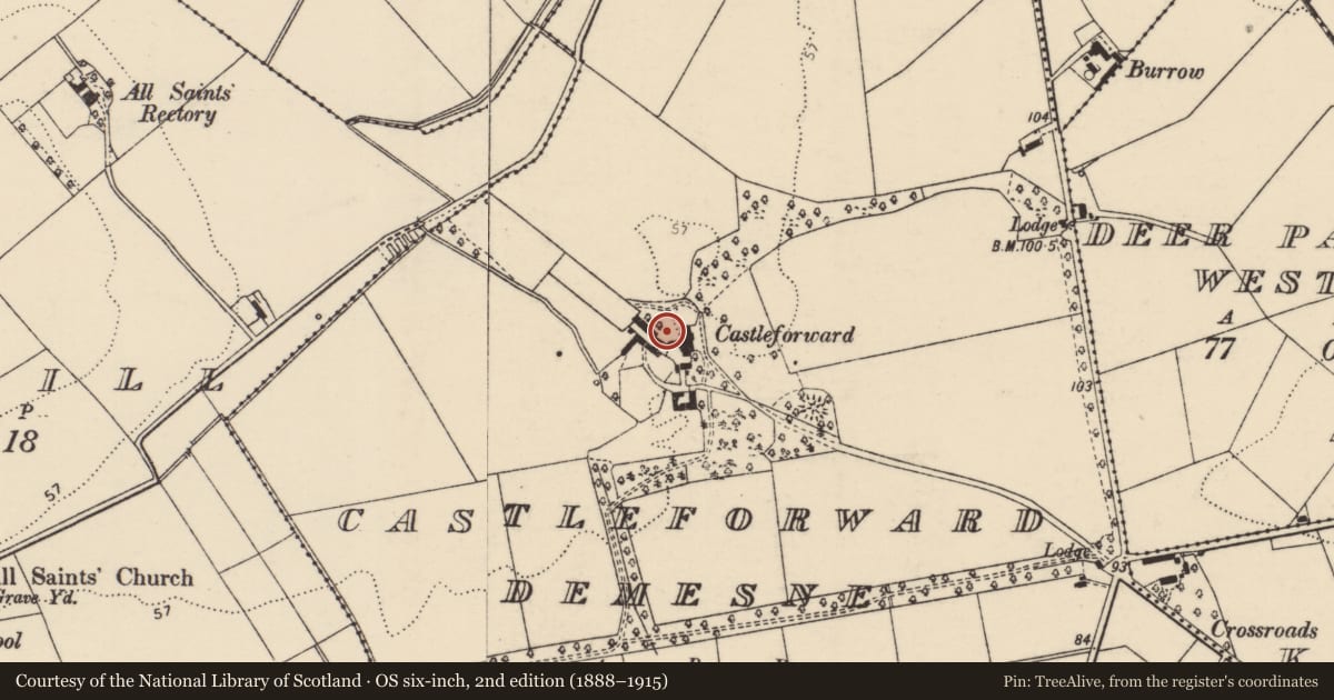Ordnance Survey six-inch map, 2nd edition (1888–1915) covering the location of Castle - unclassified, Castleforward Demesne, County Donegal, with a pin at the register's coordinates