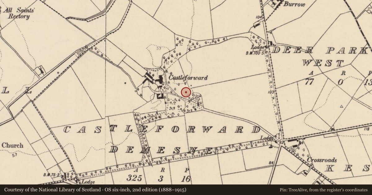 Ordnance Survey six-inch map, 2nd edition (1888–1915) covering the location of Cist, Castleforward Demesne, County Donegal, with a pin at the register's coordinates