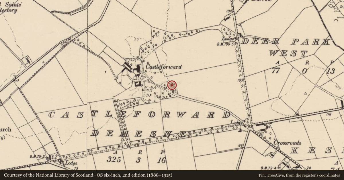 Ordnance Survey six-inch map, 2nd edition (1888–1915) covering the location of Castle - motte, Castleforward Demesne, County Donegal, with a pin at the register's coordinates