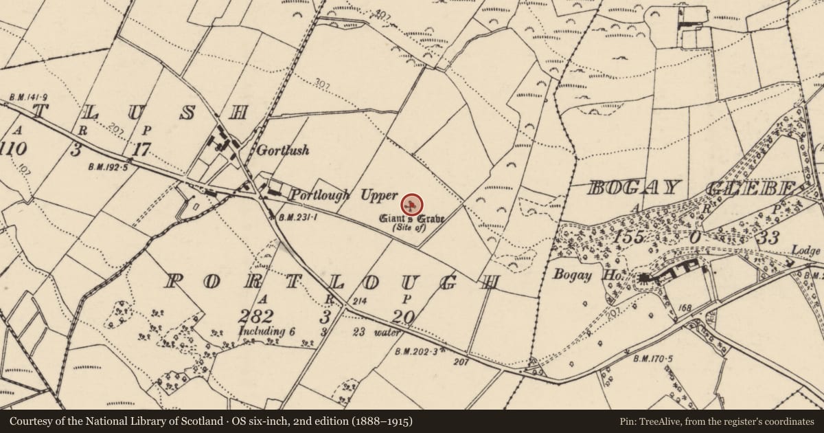 Ordnance Survey six-inch map, 2nd edition (1888–1915) covering the location of Megalithic tomb - unclassified, Portlough, County Donegal, with a pin at the register's coordinates
