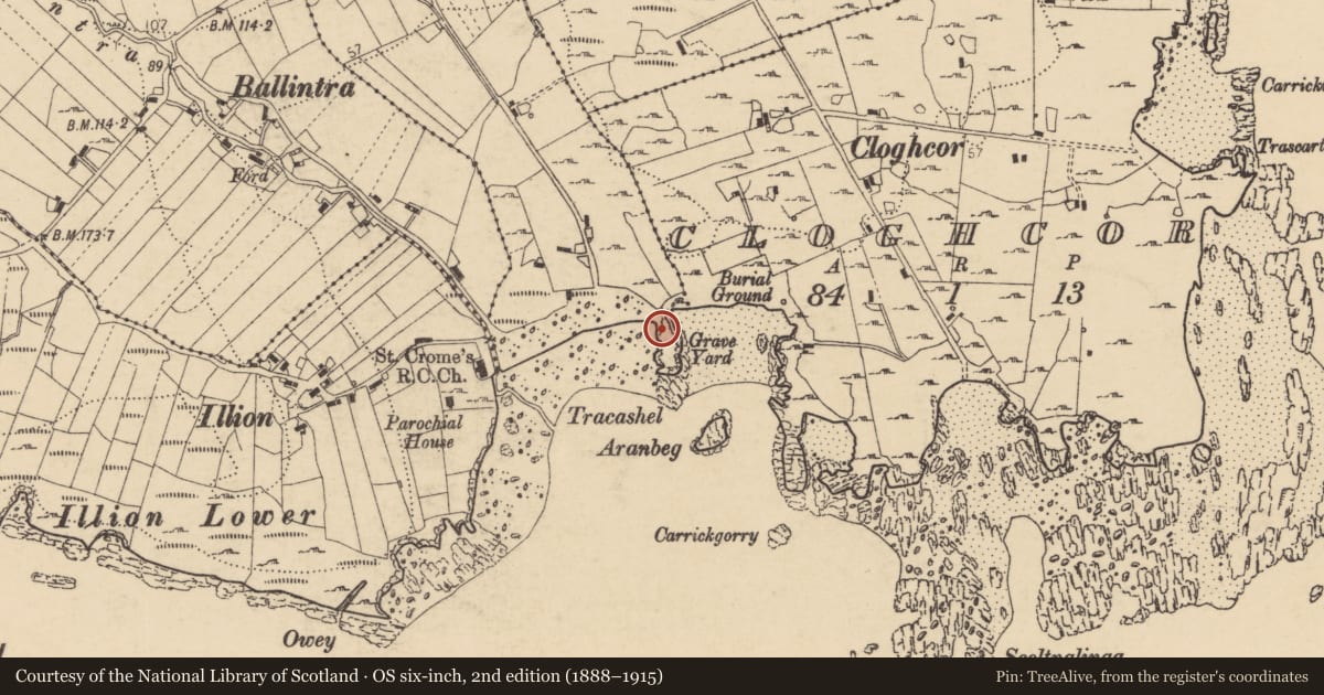 Ordnance Survey six-inch map, 2nd edition (1888–1915) covering the location of Burial ground, Na Goirt Ghearra, County Donegal, with a pin at the register's coordinates